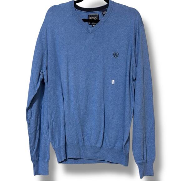 CHAPS mens size XL blue v neck cotton cashmere pullover sweater tiny pull shown - Picture 11 of 11